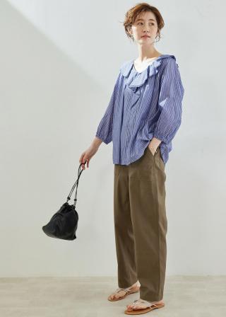 ほぼ新品✴︎ machatt ストライプ ラッフルフリル長袖ブラウス グリーン ROPÉ PICNIC(ロペピクニック) / ストライプラッフルフリル