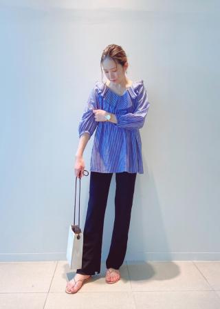 ほぼ新品✴︎ machatt ストライプ ラッフルフリル長袖ブラウス グリーン ブラウス ラッフルカラー ラバティンカラー ビロウィスリーブ