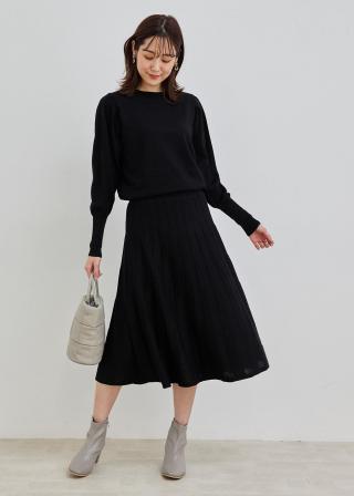 ボリューム袖 プリーツ ワンピース トング丈 2色 きれいめ 上品 小さいサイズ 袖ボリュームワンピース 低身長さん・小柄女性