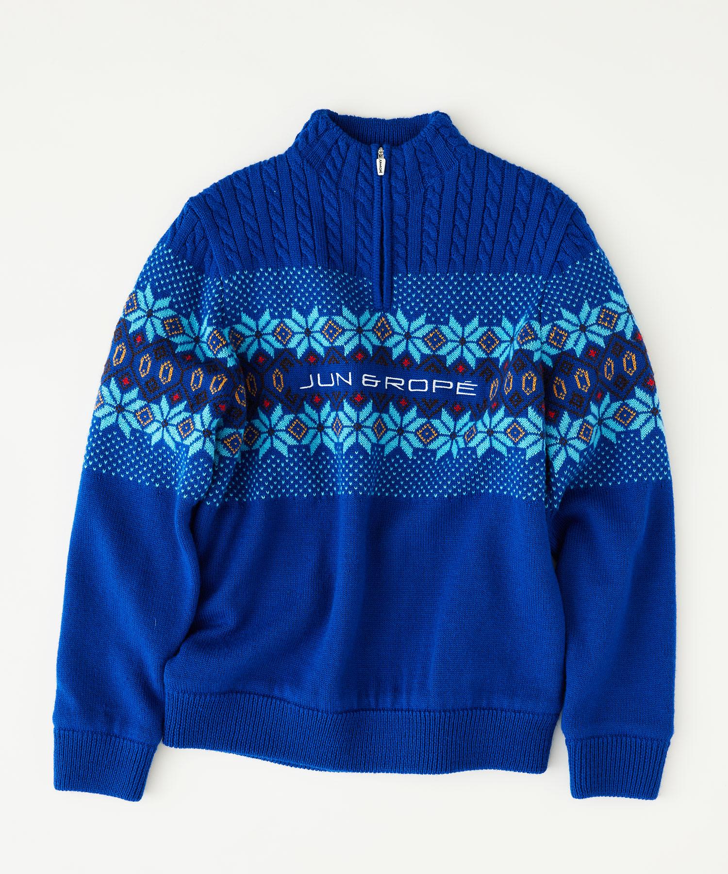 JUN & ROPE フェアアイル柄 保温裏地付き長袖プルオーバー 配色ロゴ