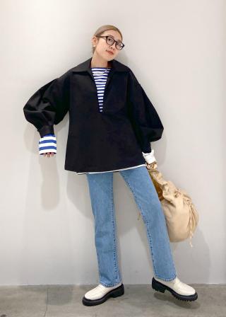 【ブラック（01）】タックスリーブスキッパーシャツ ADAM ET ROPE'（アダムエロペ） ブラウス シャツ タックスリーブ