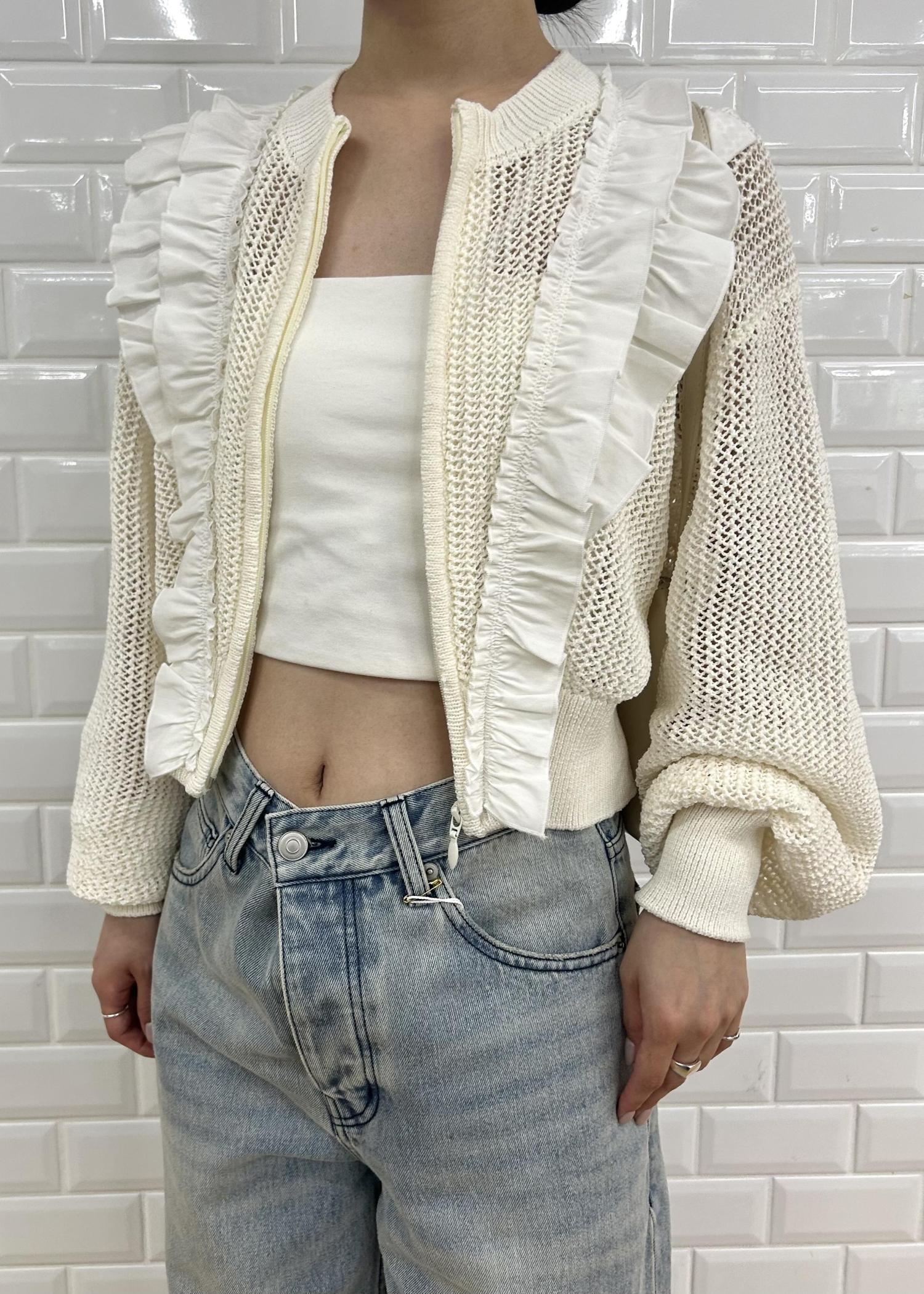 ラッフルメッシュ編みカーディガン アダム エ ロペ ADAM ET ROPE' 【WEB限定】ラッフルメッシュ編み