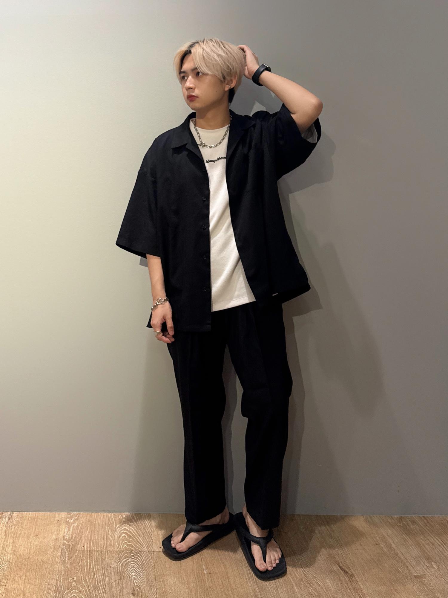 リュクス モード セットアップ パンツ トップス リネンライクオープンカラーシャツ&ワイドテーパードパンツ