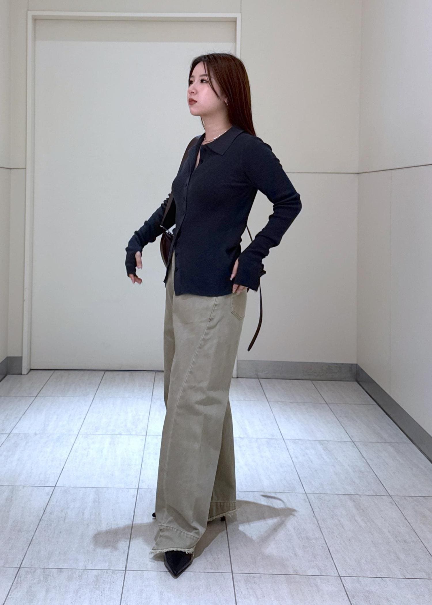 JEAN PAUL GAULTIERリブ編みダークブラウンカーディガン 48 ポロニットリブカーディガン / megumi / ADAM ET ROPÉ FEMME ｜J